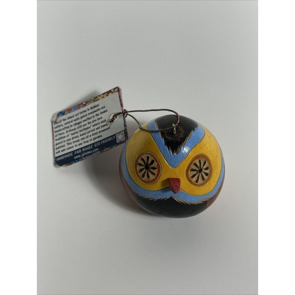 Hand-Painted/Carved South American Yellow &blue Owl Gourd Folk art Ornament - Picture 3 of 8